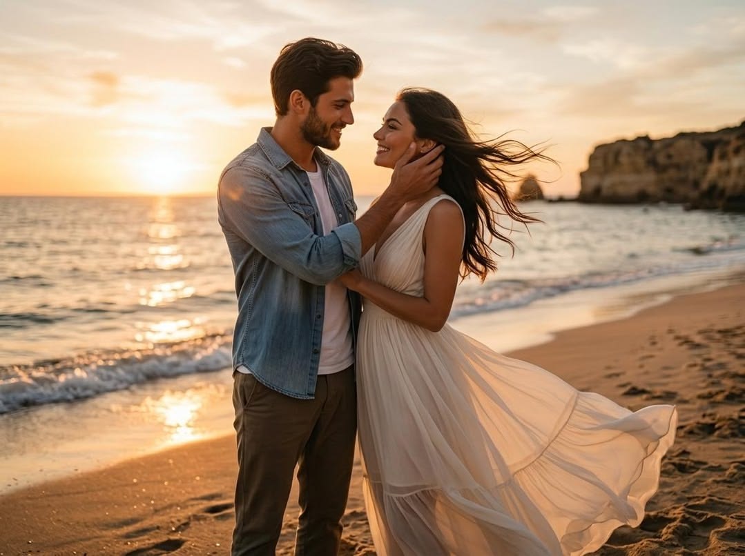 Elegant couple toasting with wine at a luxury resort at sunset